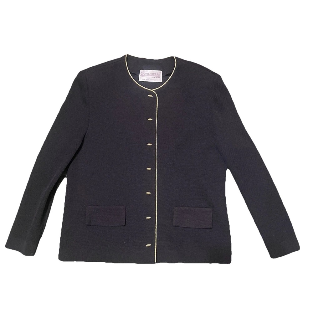 Castleberry Vintage Knit Blazer Black Gold Button Lady‎ Like Old Money Size M